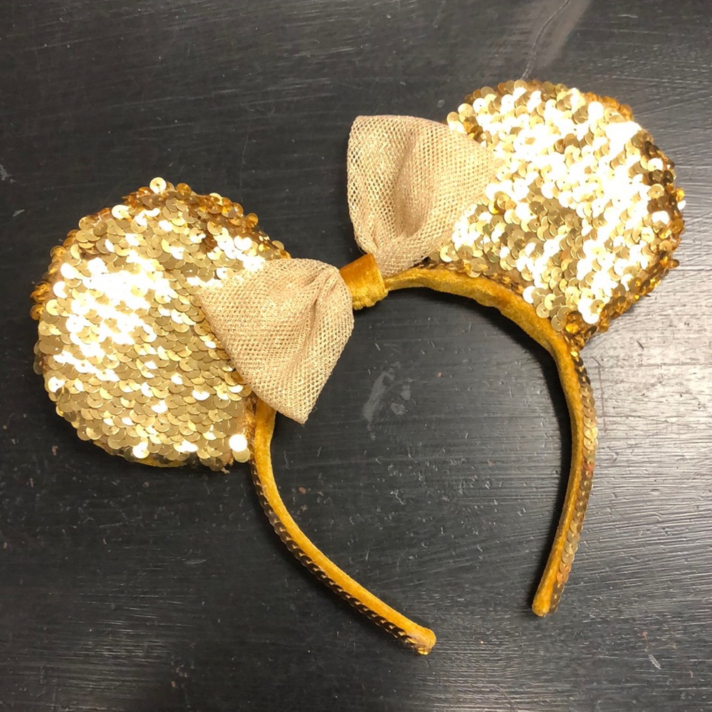 Disney Minnie Mouse Ears 50th Anniversary Headband w/ Bow Gold Sequin Disneyland